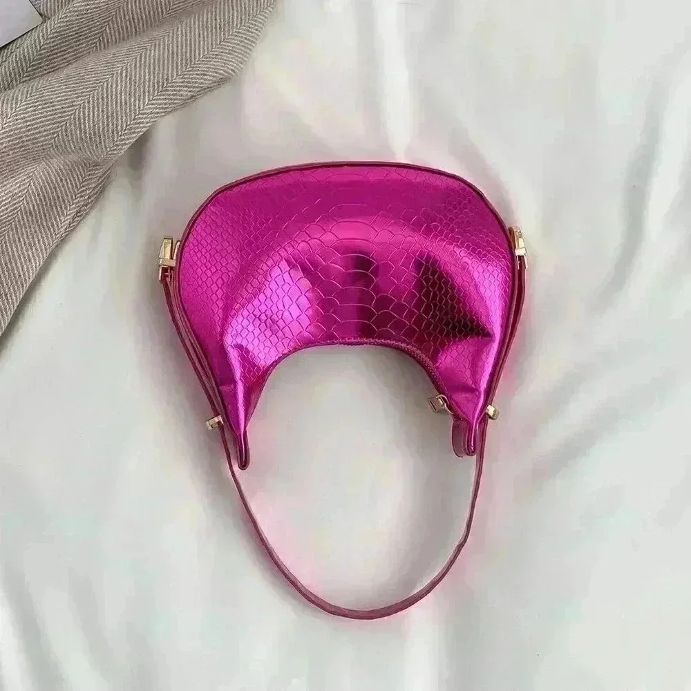Hot Pink Elegant Women's Metallic Snakeskin Embossed Hobo Bag